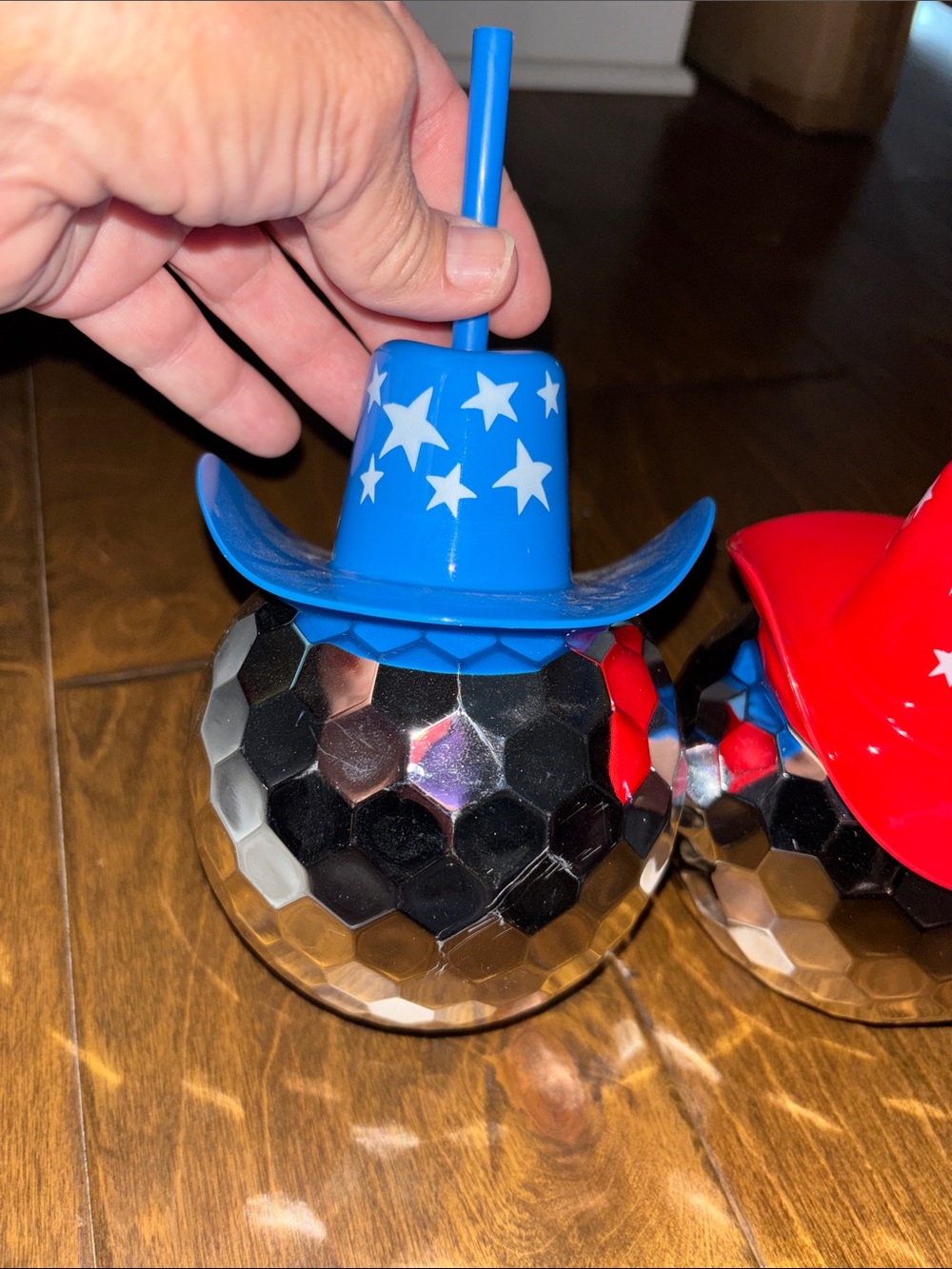 Red and Blue Star Cowboy Hat Disco Ball Drink Tumblers - Party Lights - Picture 3 of 4